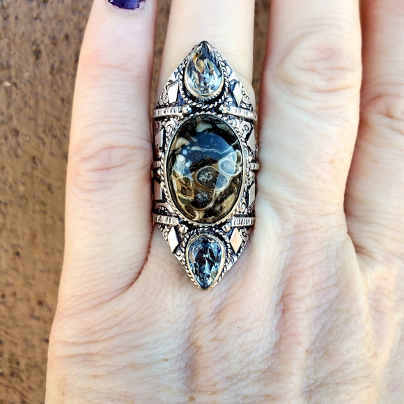 New Turtella Agate Fossil & White Topaz 925 Silver Statement Ring. - Picture 9 of 16